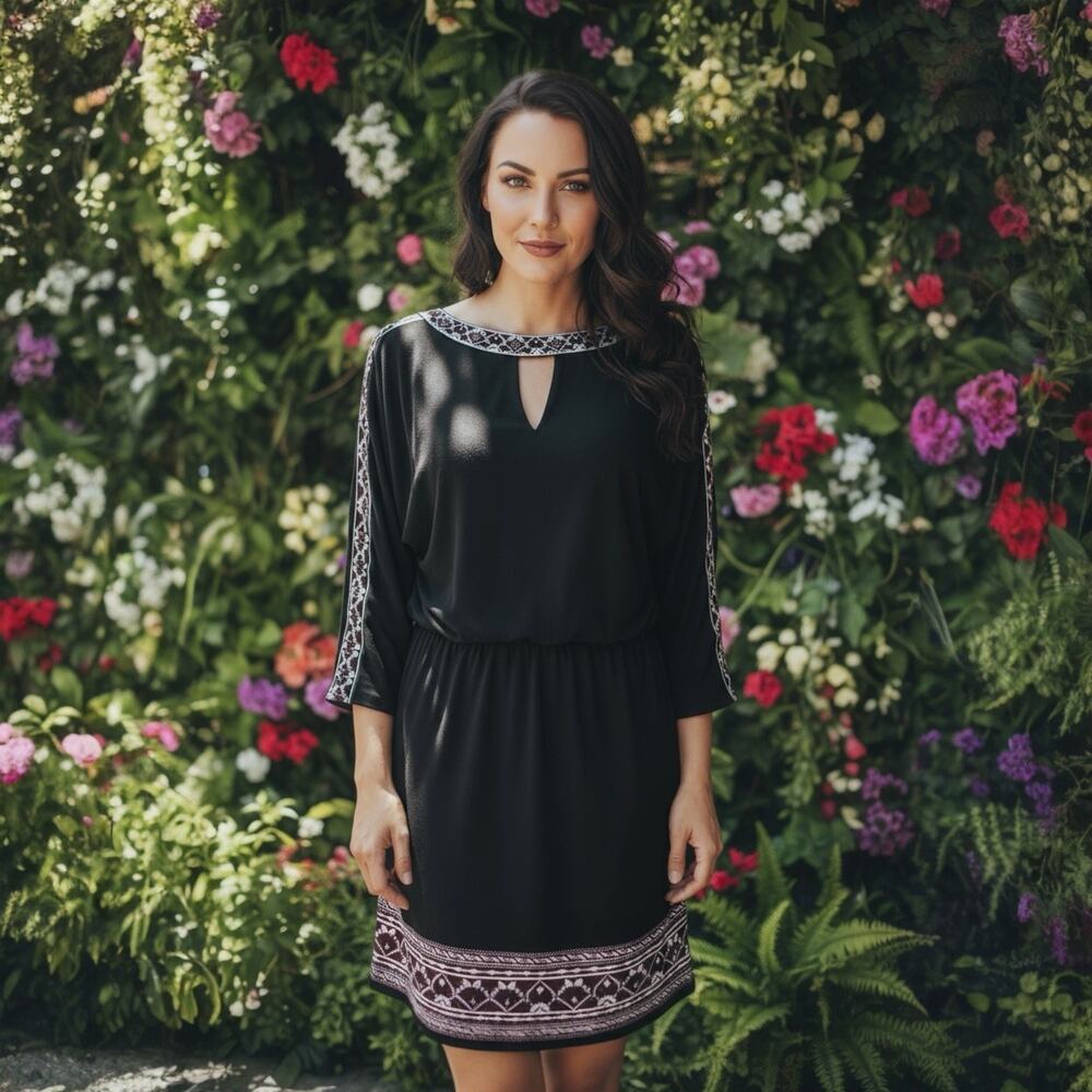 White House Black Market Embroidered Blouson Elastic Waist 3/4 Sleeve Dress M